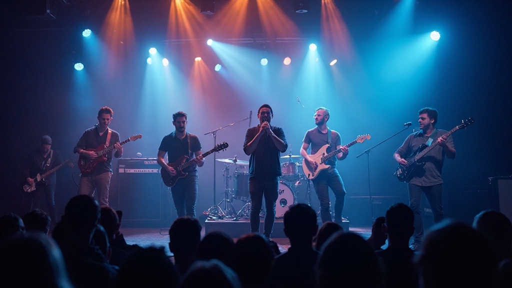 Live band performing on stage with colorful stage lighting and enthusiastic crowd watching