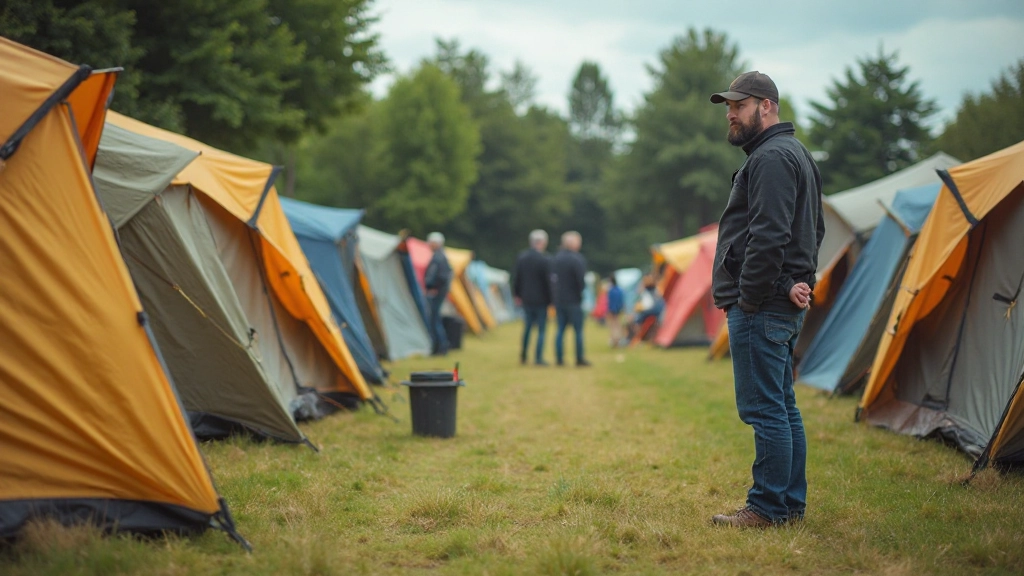 Festival campsite with tents and camping equipment setup showing accommodation options for attendees