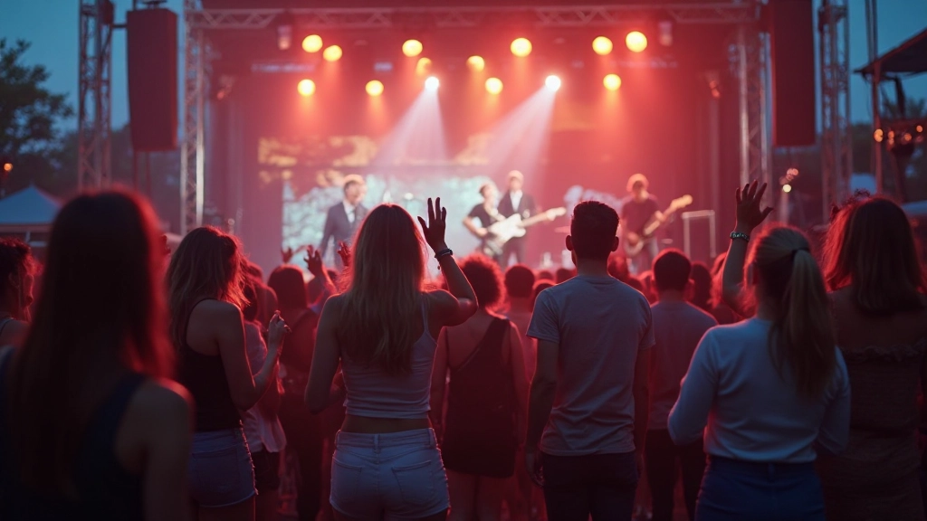 Festival attendees enjoying live performance with raised hands and stage lights illuminating the crowd