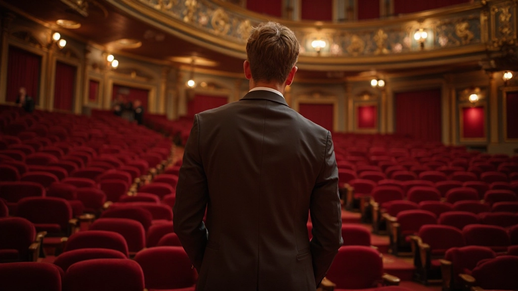 Historic theater interior with ornate balcony seating and stage with warm lighting