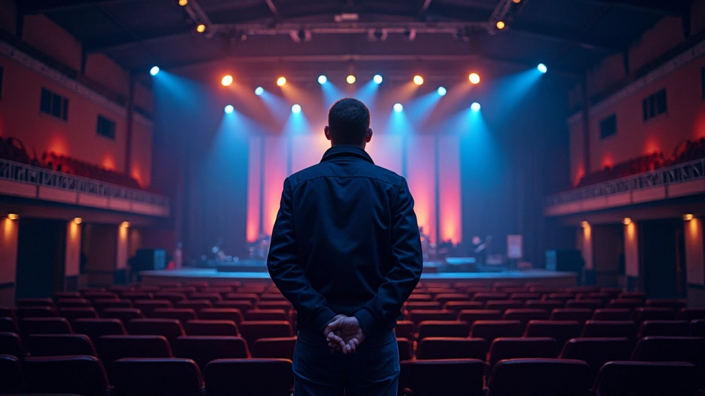 Interior of a large indoor concert venue with modern stage lighting and seating capacity