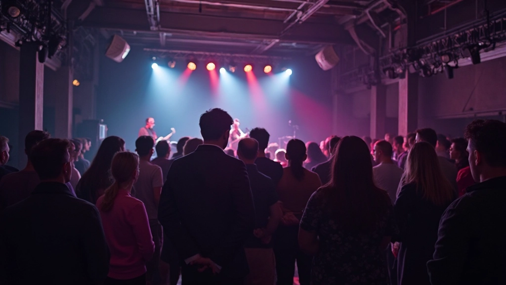 Intimate music venue interior with stage, crowd of people, professional lighting setup