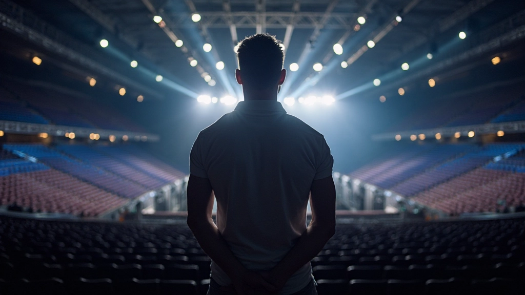 Large arena venue with stage setup, professional lighting rig, and arena seating