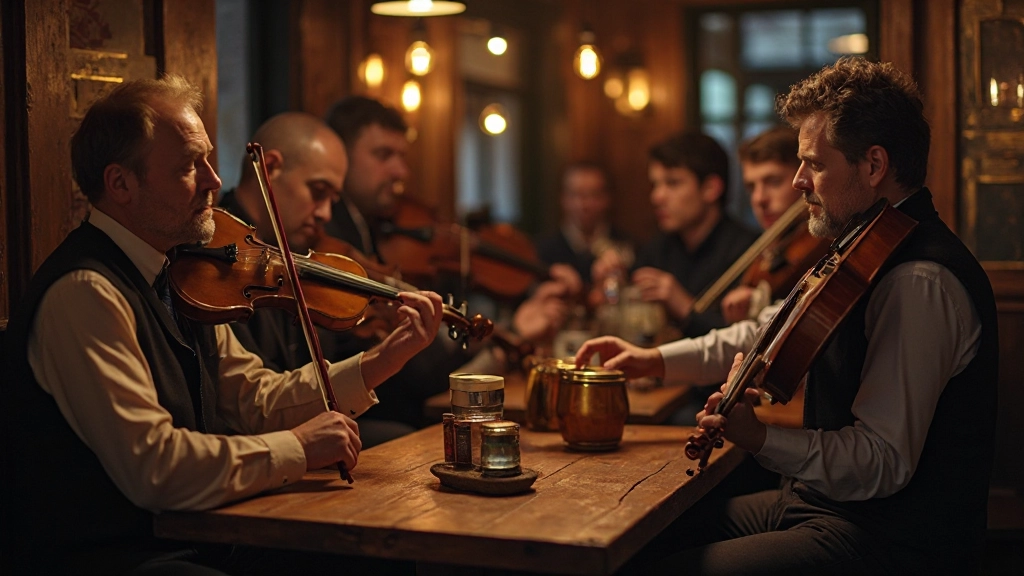 Musicians gathered around traditional wooden tables in a dimly lit pub, holding various Irish instruments including fiddles and bodhráns