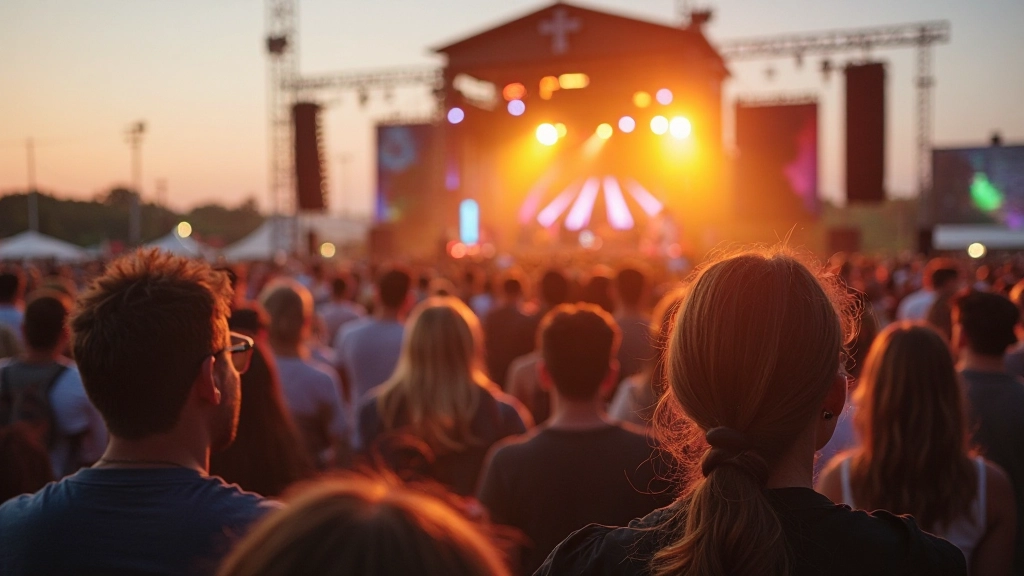 Outdoor music festival with multiple stages and crowds of people enjoying live performances