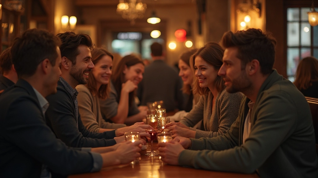 Group of people enjoying drinks and conversation in a traditional Irish pub setting with low lighting and wooden furnishings