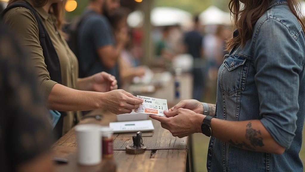 Person purchasing tickets online at a computer desk with concert poster visible on wall