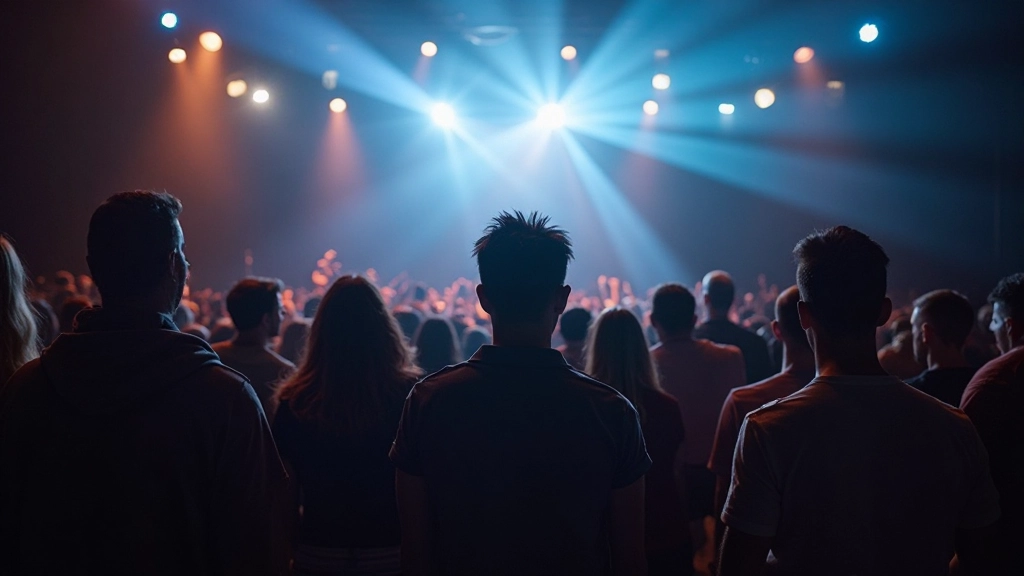 Concert audience members watching live performance with stage lighting