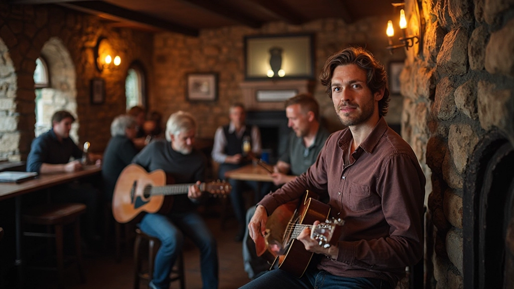 Interior of a traditional Irish pub with stone walls, wooden beams, and locals sitting at tables with instruments