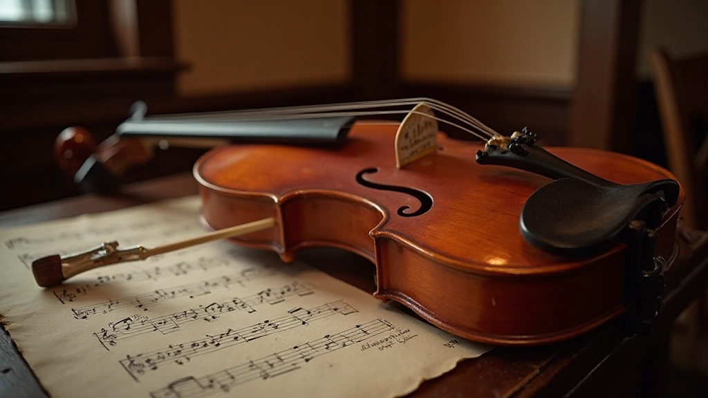 Close-up of an Irish fiddle resting on a wooden pub table with sheet music visible nearby, warm ambient lighting